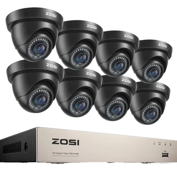 Sikkerhedsmonitorer & Videokameraer^Sikkerhedskamera system, 8CH DVR optager, 2MP Dome kameraer,8 sorte kameraer, 1T