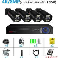 Outlet Sikkerhedskamera System, 4K Ultra HD, 8 Kanal NVR,4T, 8CH NVR 4 KAMERA Sikkerhedsmonitorer & Videokameraer