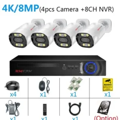 Sikkerhedsmonitorer & Videokameraer^Sikkerhedskamera System, 8MP Opløsning, To-Vejs Lyd,2T, 8CH 4Stk 4K