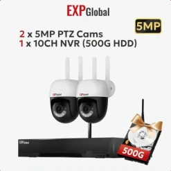 Sikkerhedsmonitorer & Videokameraer^Sikkerhedskamera System, 5MP Opløsning, To-Vejs Lyd,500g, 1xNVR 2x5MP PTZ Kamera, EU Stik