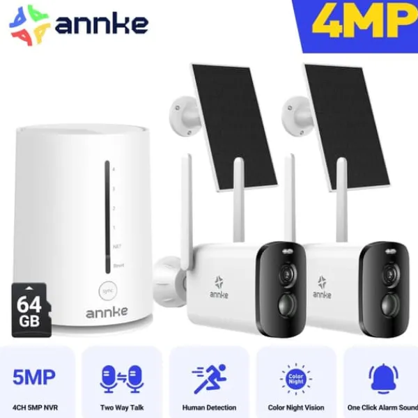 Sale Sikkerhedskamerasystem, 4MP opløsning, panorering og vippefunktionalitet,5200mAh 2Stk 64G Sikkerhedsmonitorer & Videokameraer