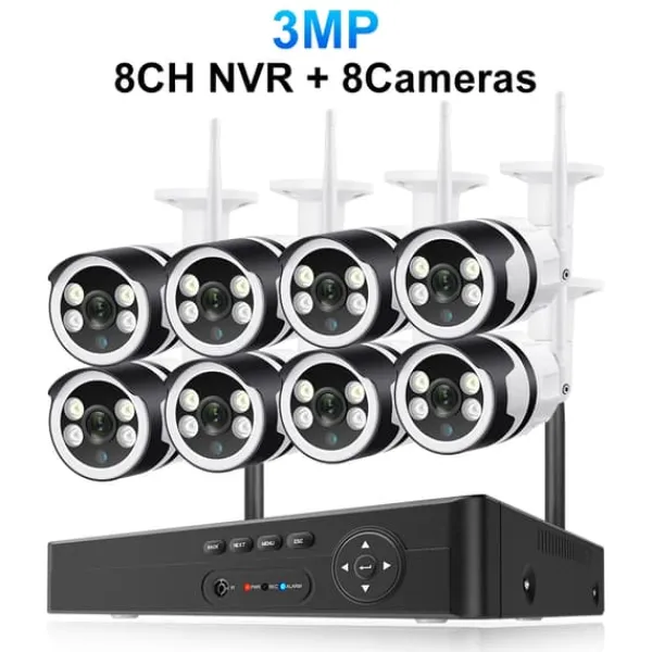 Sikkerhedsmonitorer & Videokameraer^Sikkerhedskamerasystem, PTZ-funktionalitet, trådløs forbindelse, 8CH 3MP 8PCS CAM, ingen indbygget HDD