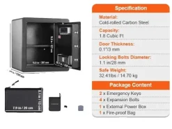 Pengeskabe^Sikkerhedsskab, Fingeraftryksadgang, Dobbelt Alarm System,1.8 Kubikfod