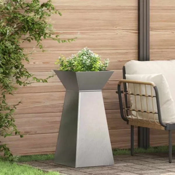 Plantestativer^Søjle Plantekasse i Stål - Moderne Trapezoid Design | Farve: Sølv | Størrelse: 35x35x73 cm