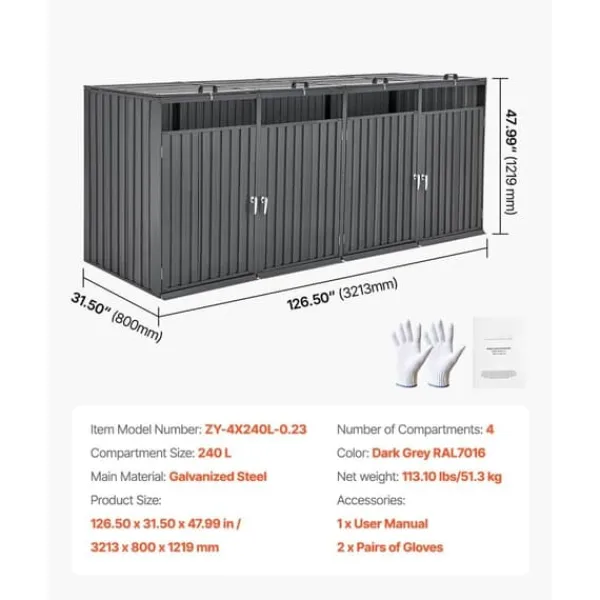 Best Skraldespandsopbevaring, Opbevaringsskur 4 x 52,79 Gal, Rummelig til Skraldespande Skure, Garager & Carports