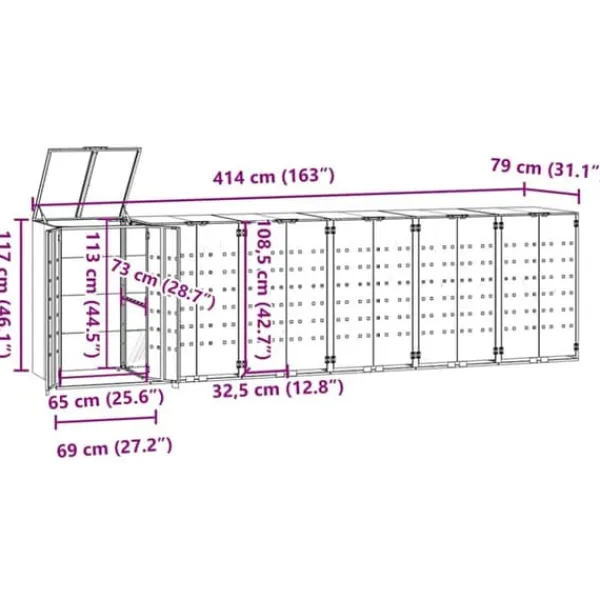 Skure, Garager & Carports^Skraldespandsskjuler i stål - 6 rum | Farve: Sort | Størrelse: 414x79x117 cm
