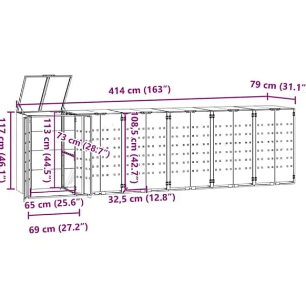 Hot Skraldespandsskjuler i stål med 6 rum - Stabil og vejrbestandig | Størrelse: 414x79x117 cm | Farve: Antracit Skure, Garager & Carports