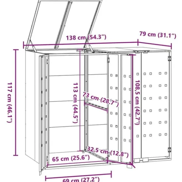 Skure, Garager & Carports^Skraldespandsskjuler i stål 2 rum - Vejrbestandig | Farve: Grå | Størrelse: 138x79x117 cm