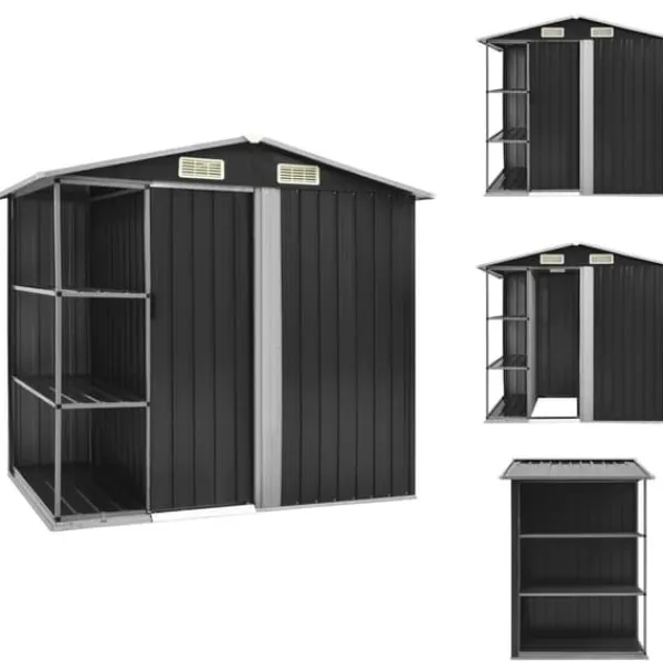 Skure, Garager & Carports^Skure & Redskabsskure - Living haveskur med reol 205x130x183 cm jern antracitgrå