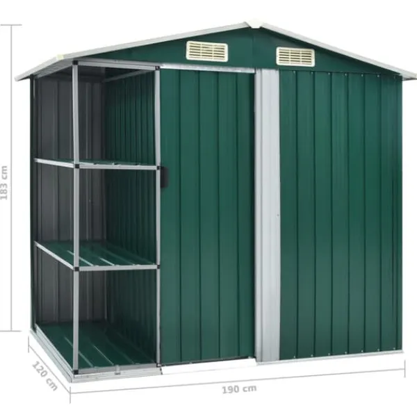 Skure, Garager & Carports^Skure & Redskabsskure - Living haveskur med reol 205x130x183 cm jern grøn
