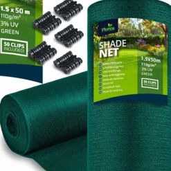 Haveduge^Skyggenet 1,5x50m 110 g/m2 + 50 klemmer grønne