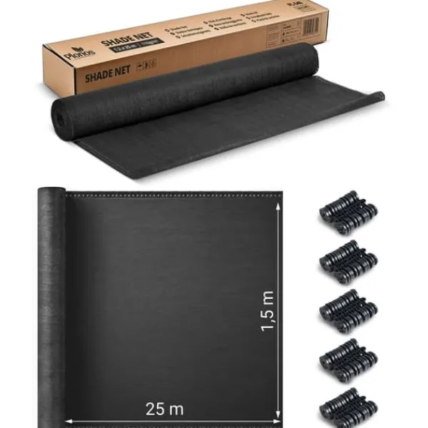 Skyggenet 1,5x25m 140g/m2 + 50 klemmer grå Haveduge