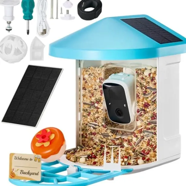 Til Fugle & Småvildt^Smart Fuglefoder med Kamera, AI Identifikation af 10.000+ Fuglearter, Soldrevet, Direkte Overvågning af Fugleliv.
