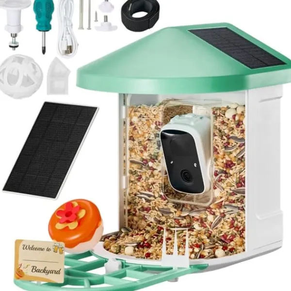 Til Fugle & Småvildt^Smart Soldrevet Fugleføder med AI Kamera, Identificerer 10000+ Fuglearter, Automatisk Foderudlevering, Robuste Materialer.