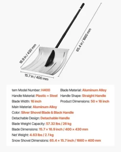 Discount Sneskovl - Til Indkørsel - Bredde 40 cm - Aluminiumslegering - Skridsikkert Greb - Stor Kapacitet - Aftageligt Design - Letvægt Snerydning