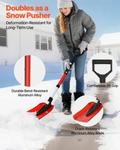 Snerydning^Sneskovl til indkørsel - Foldbar model - D-formet håndtag - Justerbart skaft 91-102 cm - Bladbredde 22 cm - Letvægts aluminiumslegering