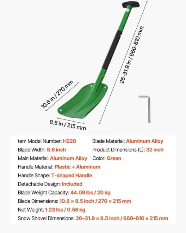 Sale Sneskovl til indkørsel - Håndsneplov i aluminium - Bredde 21,5 cm - T-formet håndtag - Let og bærbar - Stor kapacitet - Til bil og have Snerydning