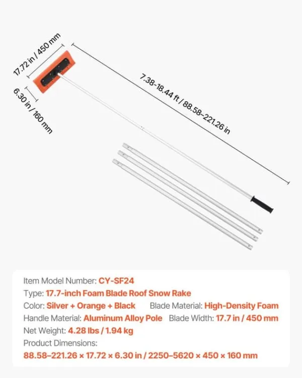 Snerydning^Snetagsrive - Tagskraber - Skumblad 45 cm - Teleskopskaft 2,25–5,62 m - Skridsikkert håndtag - Letvægts design - Til sne, blade og affald
