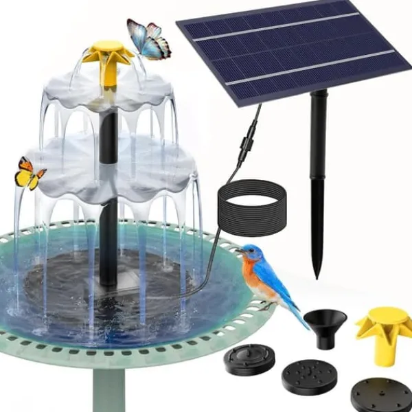 Best Solar springvand til haven – Fuglebad springvand med 3-lags vandfald, 4 dyser og DIY vandfunktion Springvand & Damme