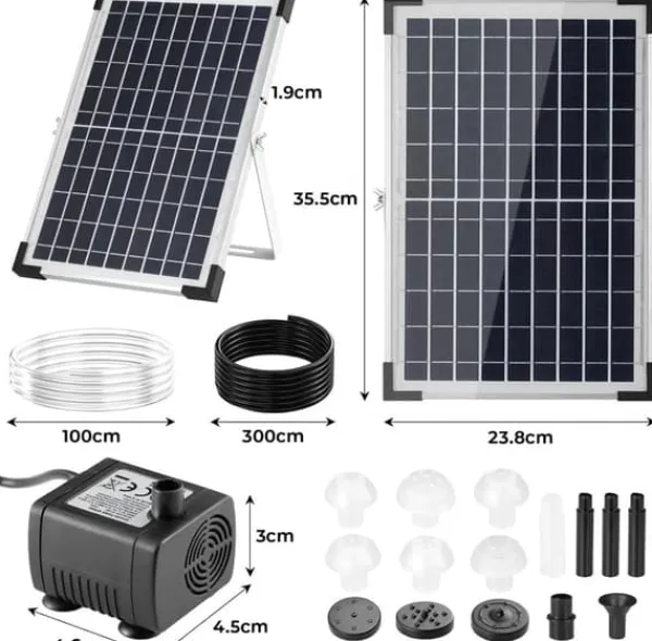 Hot Solcelle fontænepumpe - Nedsænkelig havedamspumpe - 12 W - 500 l/t - 1 m slange - 9 dyser Springvand & Damme