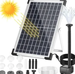 Hot Solcelle fontænepumpe - Nedsænkelig havedamspumpe - 12 W - 500 l/t - 1 m slange - 9 dyser Springvand & Damme