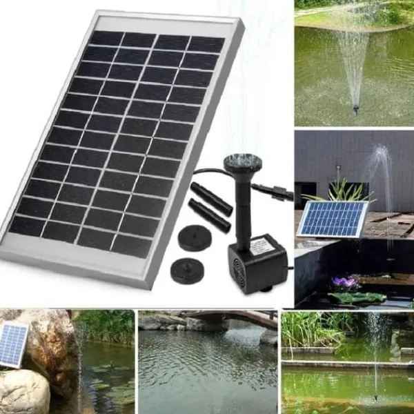 Springvand & Damme^Solcelle fontænepumpe - Vandpumpesæt - 5 W - 500 l/h - Nedsænkelig - Med Solcellepanel - Til Havedam & Iltning