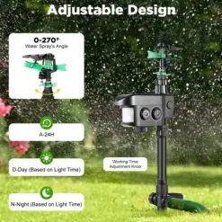 Online Solcelledrevet dyreskræmmer - Bevægelsessensor sprinkler - 0–270° sprayvinkel - 120° sensor - 5 s vandstød - 10/20/30 min vanding - 3–8 bar Vanding