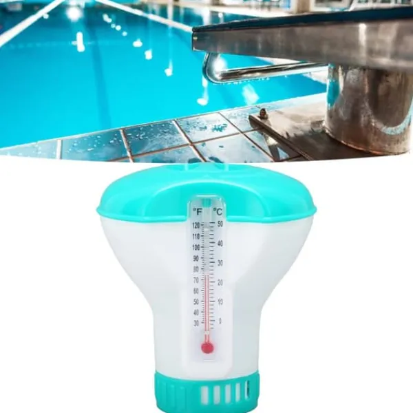 Pool- & Spatilbehør^Spa Chemical Dispenser med termometer Återanvändbar Lake Blue Swimming Pool Chlorine Tablet Floater