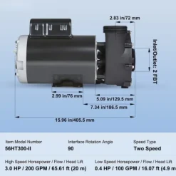 Hot Spa-pumpe med 2 hastigheder, 1600W, 39 M³/h, 15 M/400W, 19 M³/h, anti-lækage, overophedningsbeskyttelse, til hjemme- og udendørs spa. Spa & Udendørsbad
