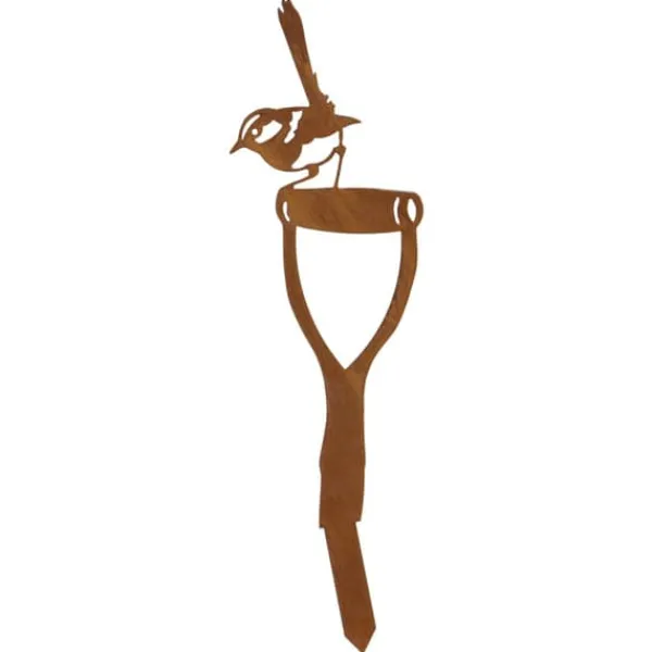 Havedekorationer^Spurv på en spade haveornament Corten rust kunst blikspurv