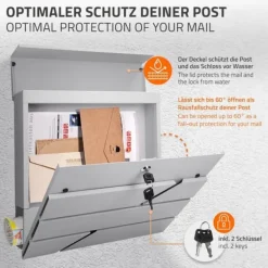 Ecd-Germany Postkasser & Brevindkast^Stående brevkasse med avisrum 37x37x11 cm lysegråt rustfrit stål inkl. stander sølv 120cm høj ML-Design