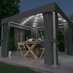 Clearance Stilfuld pavillon med gardiner og LED-lyskæder - Udendørshat med sollys | Farve: Antracitgrå | Størrelse: 3x3 m Telte & Lysthuse
