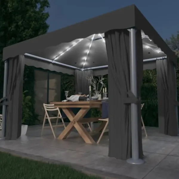 Clearance Stilfuld pavillon med gardiner og LED-lyskæder - Udendørshat med sollys | Farve: Antracitgrå | Størrelse: 3x3 m Telte & Lysthuse