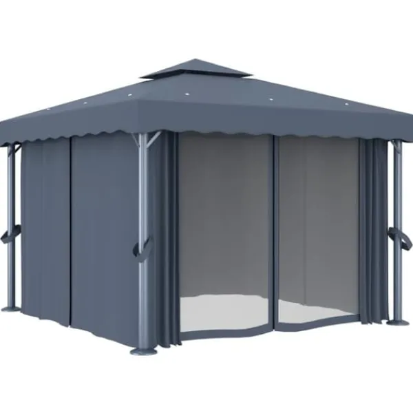 Clearance Stilfuld pavillon med gardiner og LED-lyskæder - Udendørshat med sollys | Farve: Antracitgrå | Størrelse: 3x3 m Telte & Lysthuse