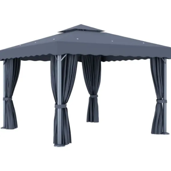 Clearance Stilfuld pavillon med gardiner og LED-lyskæder - Udendørshat med sollys | Farve: Antracitgrå | Størrelse: 3x3 m Telte & Lysthuse