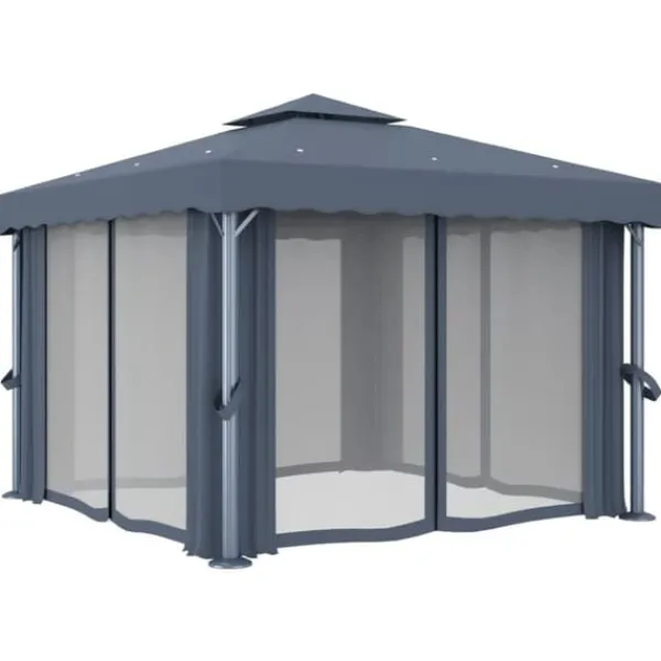 Clearance Stilfuld pavillon med gardiner og LED-lyskæder - Udendørshat med sollys | Farve: Antracitgrå | Størrelse: 3x3 m Telte & Lysthuse