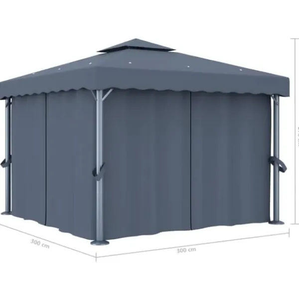 Clearance Stilfuld pavillon med gardiner og LED-lyskæder - Udendørshat med sollys | Farve: Antracitgrå | Størrelse: 3x3 m Telte & Lysthuse