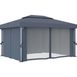 Telte & Lysthuse^Stilfuld pavillon med gardin - Udendørs festhus i aluminium | Farve: Antracitgrå | Størrelse: 4x3 m