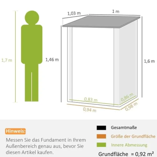 Clearance Stålskur 0,92 m², aflåseligt med pulpettag, 100×103×160 cm, grå Skure, Garager & Carports