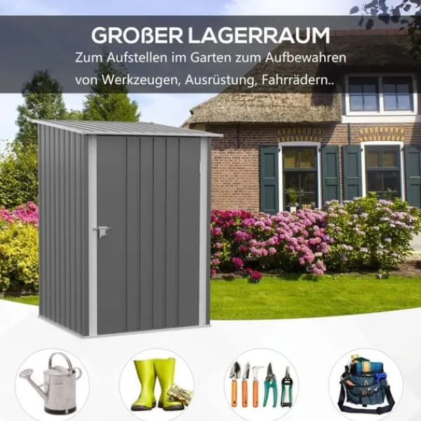 Clearance Stålskur 0,92 m², aflåseligt med pulpettag, 100×103×160 cm, grå Skure, Garager & Carports
