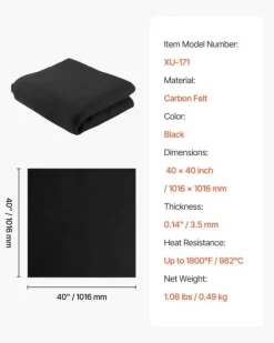 Brandtæppe^Svejsetæppe - Kulfiberfilt - Mål 1016 x 1016 mm - Varmebestandig op til 982°C - Flammehæmmende - Fortykket 3,5 mm - Brandsikker isolering