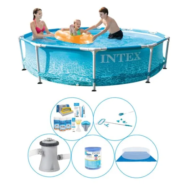 Pooler^Svømmebassin med tilbehør - 6 stykker - Intex Metalramme Rund Strand 305x76 cm