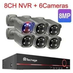 Sikkerhedsmonitorer & Videokameraer^Techage Sikkerhedskamera System, 8 Kanal NVR, AI Menneske Detektion,8CH 6 stk 8MP kamera, 1T