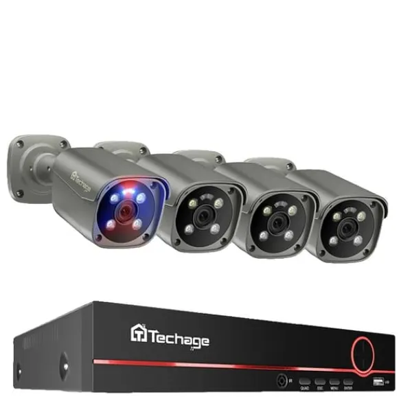 Sikkerhedsmonitorer & Videokameraer^Techage Sikkerhedskamera System, 8 Kanal NVR, AI Menneske Detektion,8CH 4Stk 8MP Kamera, 3T (udendørs sport)