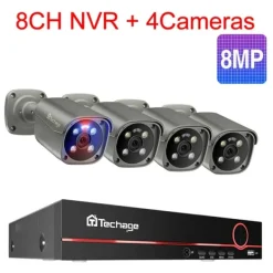 Sikkerhedsmonitorer & Videokameraer^Techage Sikkerhedskamera System, 8 Kanal NVR, AI Menneske Detektion,8CH 4Stk 8MP Kamera, 3T (udendørs sport)