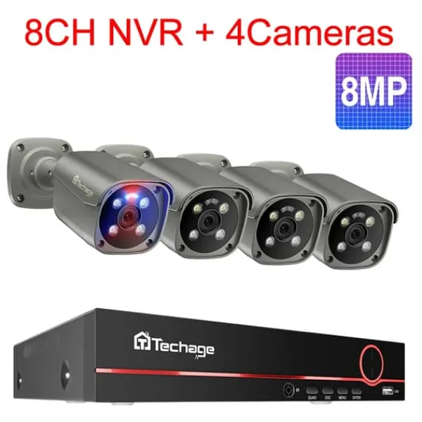 Sikkerhedsmonitorer & Videokameraer^Techage Sikkerhedskamera System, 8 Kanal NVR, AI Menneske Detektion,8CH 4Stk 8MP Kamera, 3T (udendørs sport)