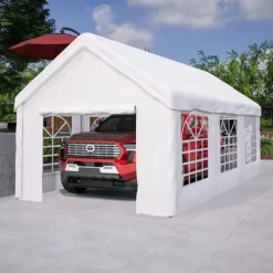 Skure, Garager & Carports^Teltgarage-carport 3x6 m vintersikker med rulledør til bil, SUV og aftagelige sidevægge