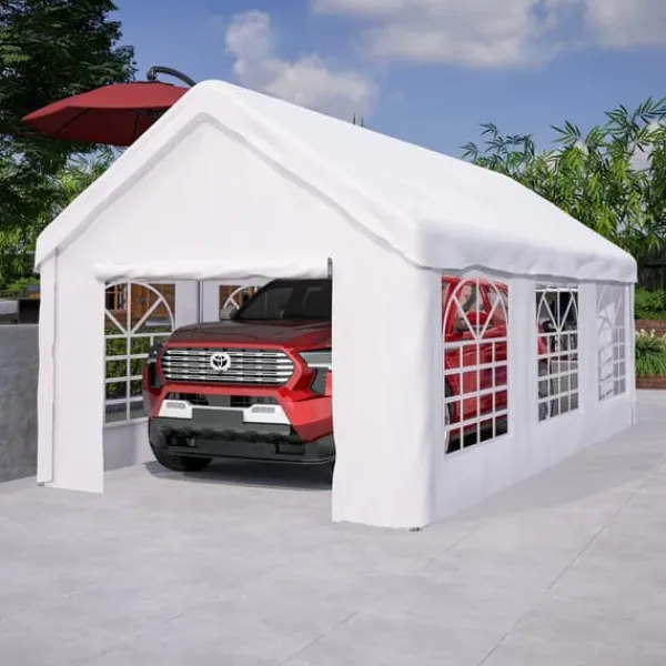 Skure, Garager & Carports^Teltgarage-carport 3x6 m vintersikker med rulledør til bil, SUV og aftagelige sidevægge