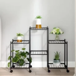 Plantestativer^The Living Store blomsterstativ med hjul 83x25x63,5 cm jern sort - Planteborde