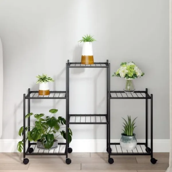 Plantestativer^The Living Store blomsterstativ med hjul 83x25x63,5 cm jern sort - Planteborde